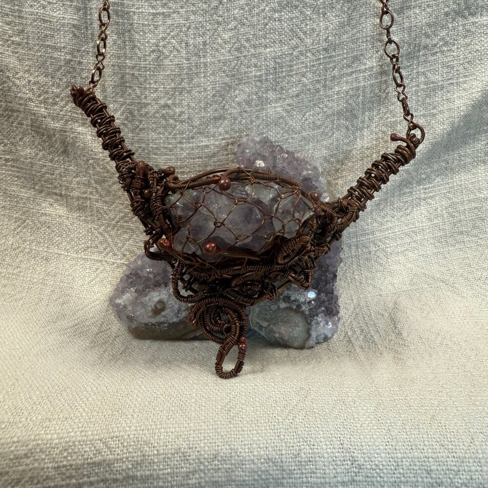Handmade Raw Amethyst Crystal Cluster Wire Wrapped Statement Pendant Necklace